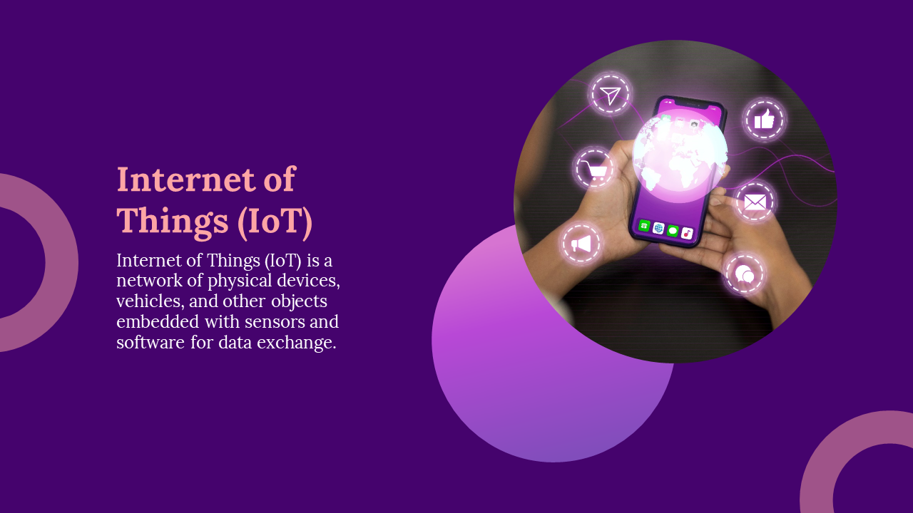 Hands holding a smartphone displaying digital icons floating around, set against a purple background with abstract circles.