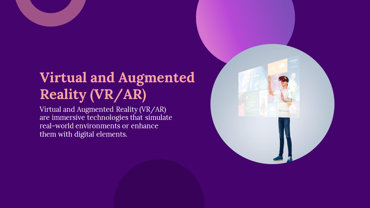A person wearing a VR headset, interacting with virtual screens, set against a purple background with abstract shapes.