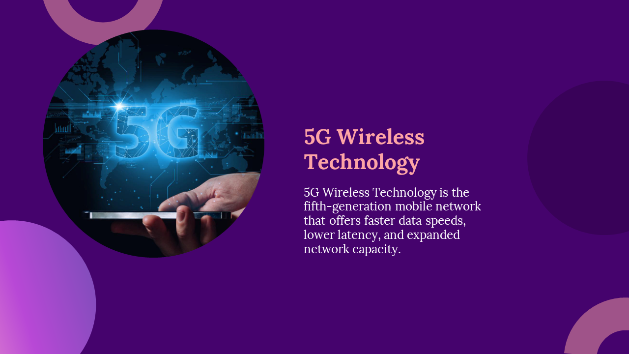 A person holding a smartphone with a glowing 5G network graphic, set against a purple background with abstract circles.