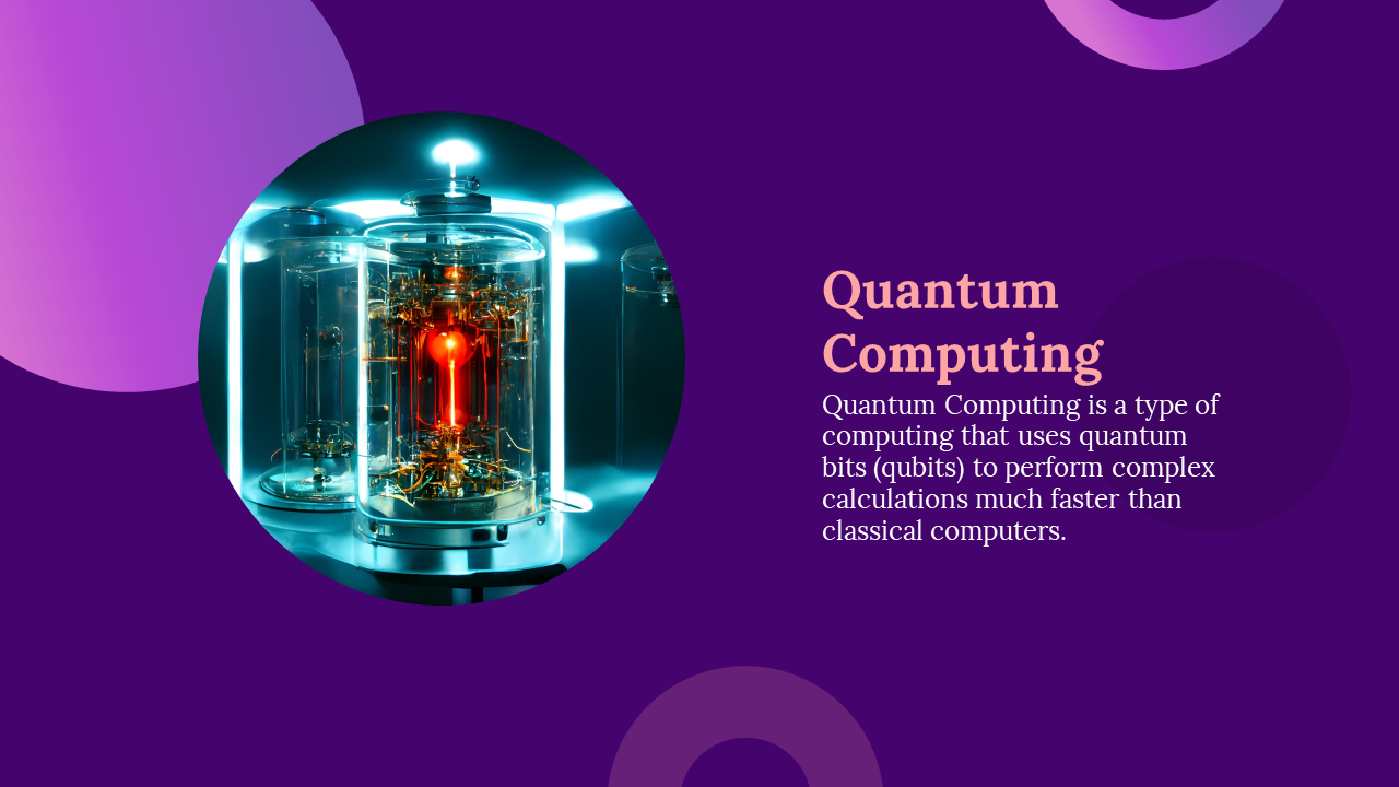 Circular quantum computing machinery with a glowing light, surrounded by geometric shapes on a purple backdrop.