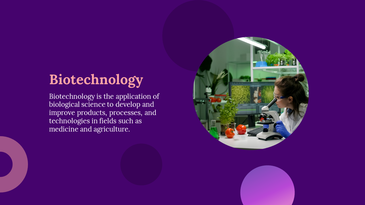 Slide with purple background and circular design elements, featuring a woman working with a microscope in a lab setting.