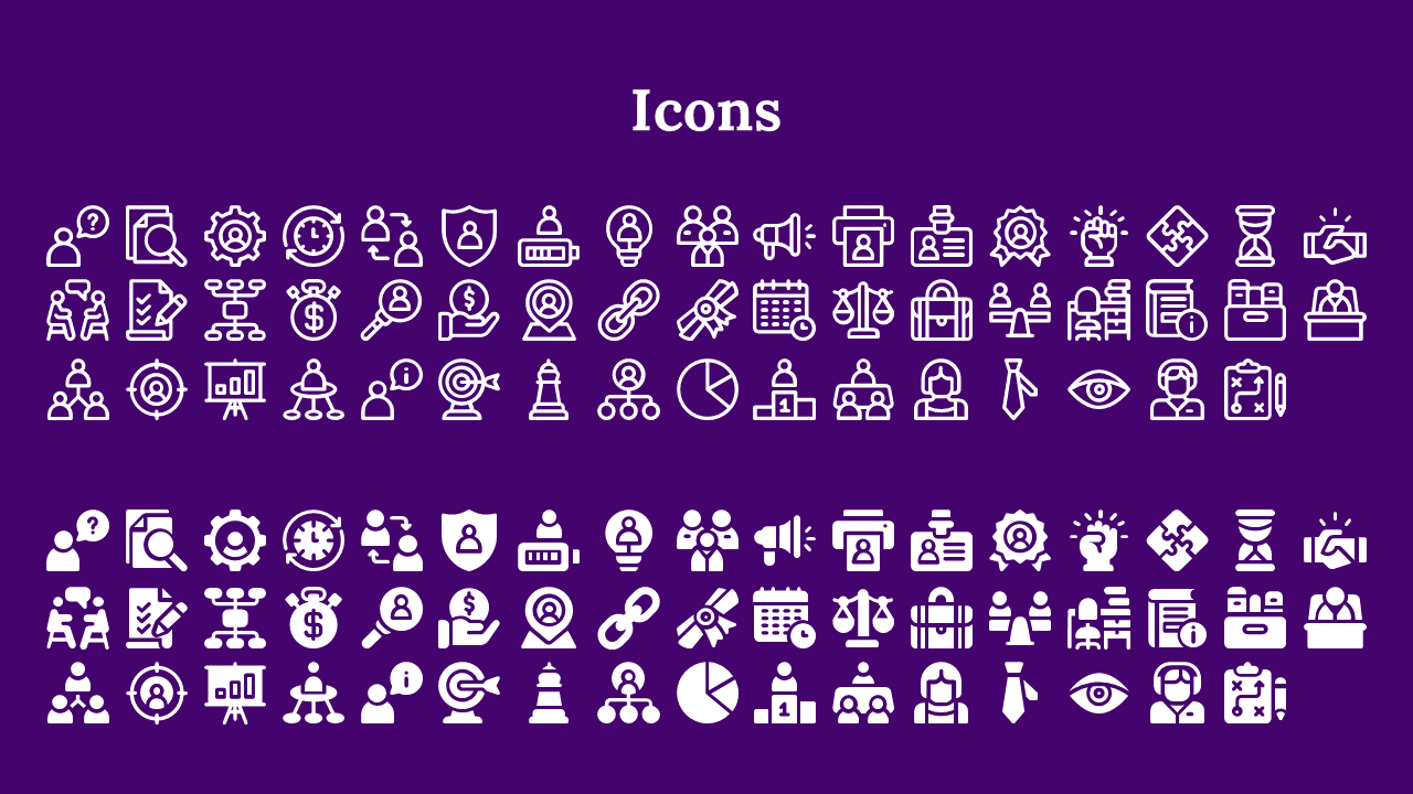 White icons arranged in two sets of outlined and filled, on a purple background, covering teamwork, strategy, and technology.