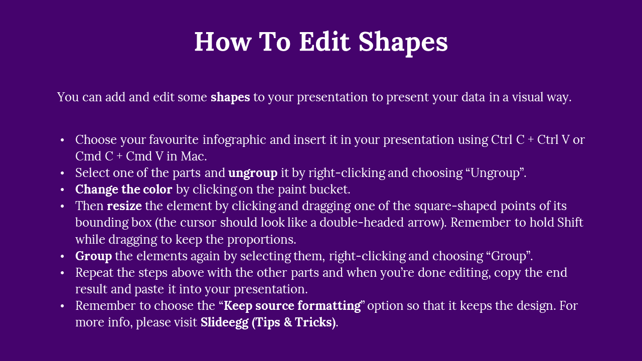 Purple background with white text and bullet points, showing step by step instructions of shapes editing in PPT.