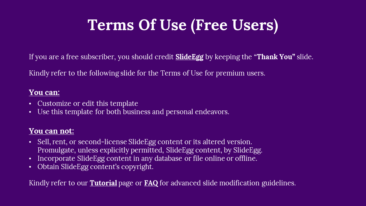 Purple background with white text and bullet points outlining the terms of use for free users.