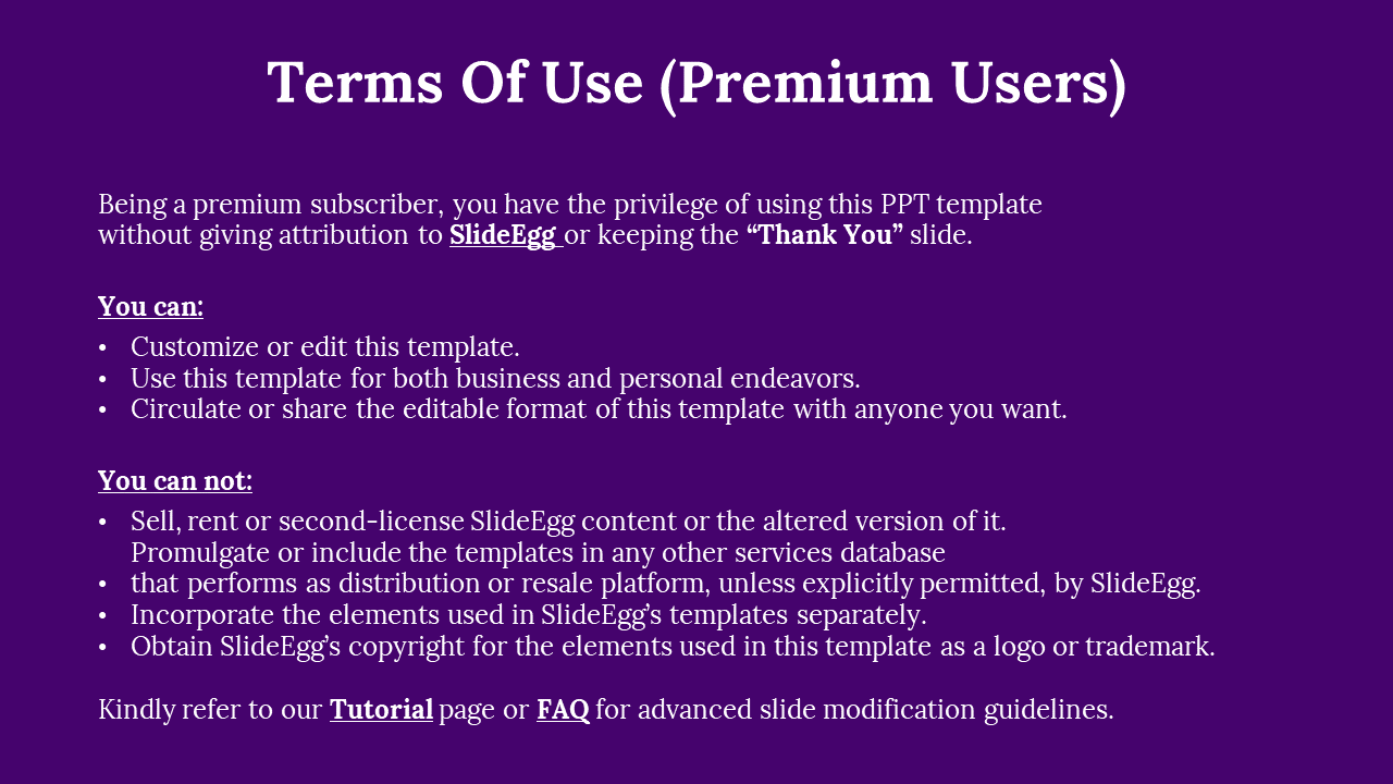 White text on purple background detailing allowed and prohibited actions for premium users, with a header.