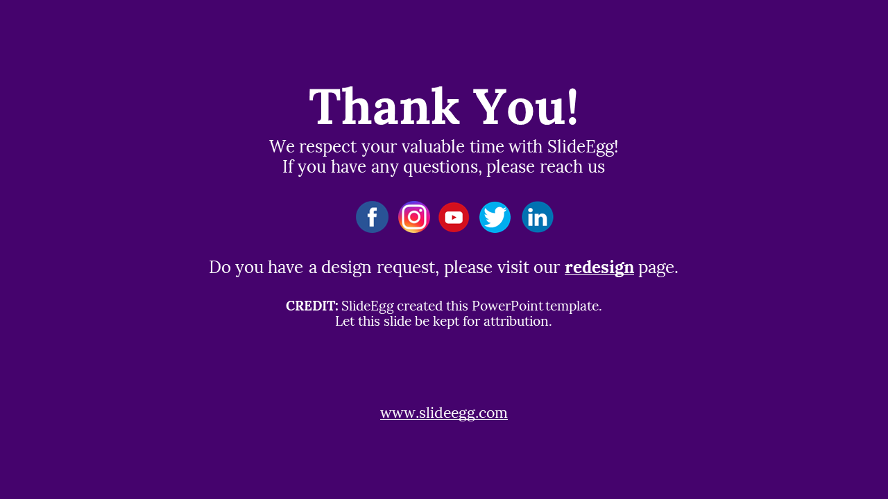 Purple background with white thank you text, followed by social media icons and a credit note at the bottom