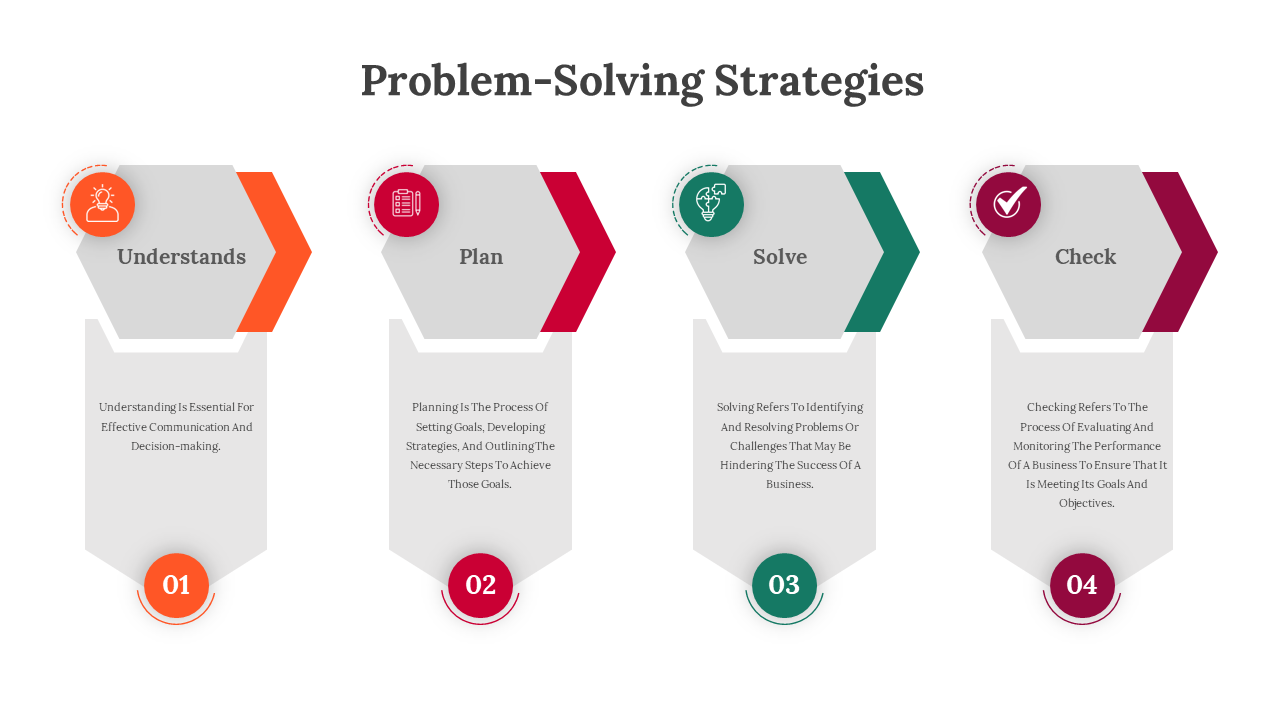 Four hexagonal icons in orange, red, green, and purple, with numbers and text beneath, aligned horizontally.