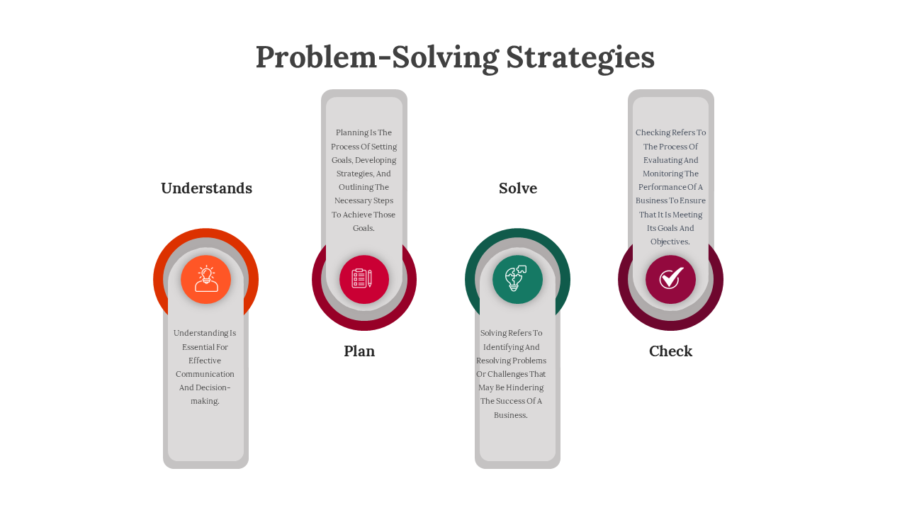 Four vertical circular icons in orange, red, green, and purple with descriptions in gray boxes, aligned horizontally.