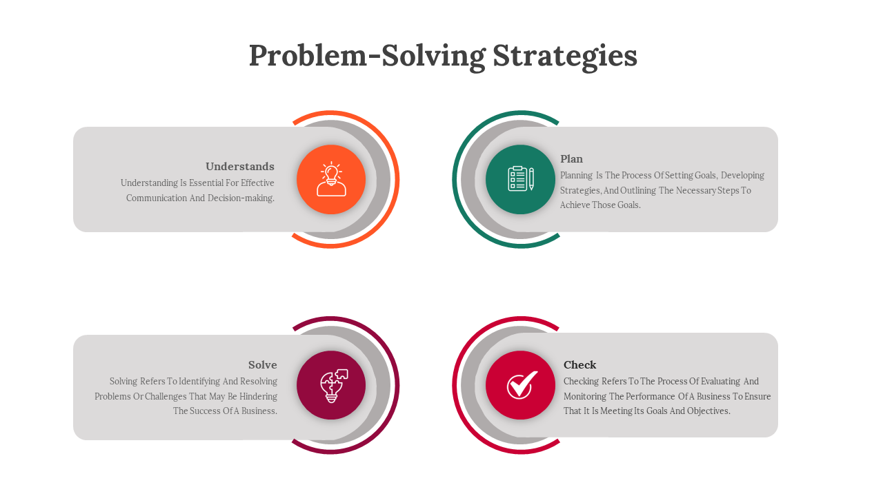 Slide with four gray text boxes paired with circular icons in orange, green, purple, and red placed in a two row layout.