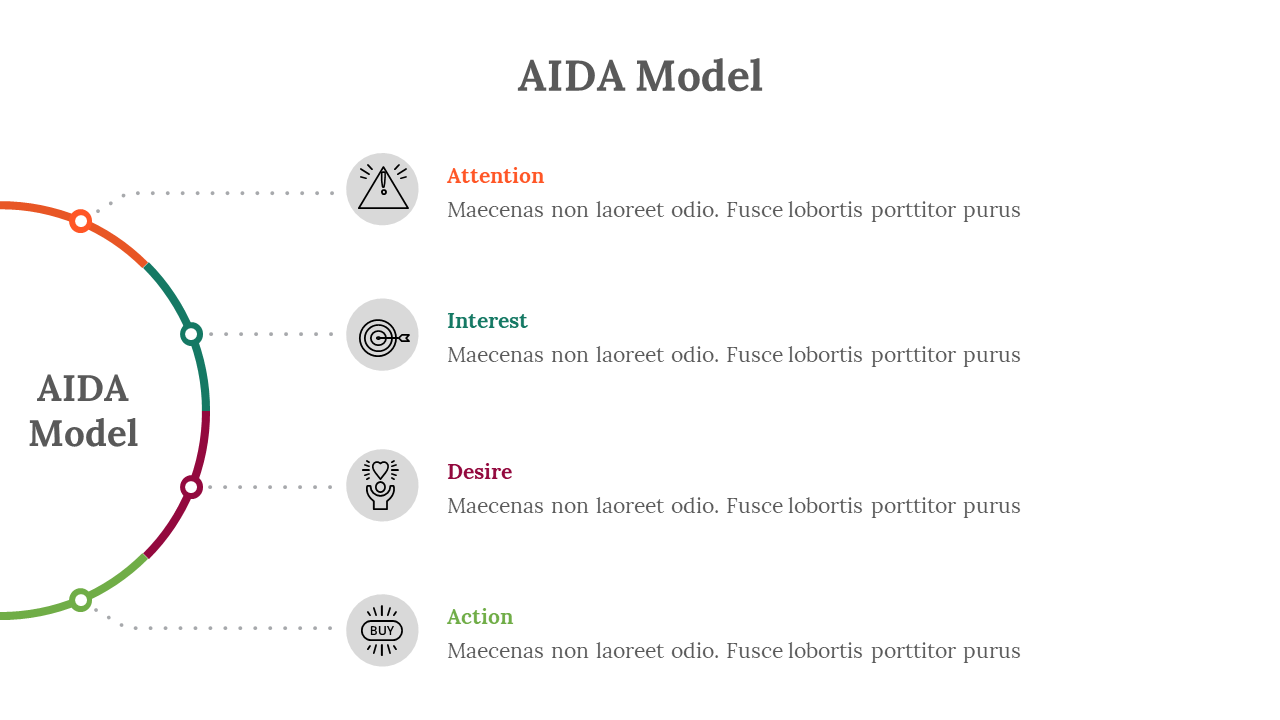 Semi circular layout in orange, teal, red, and green, connected by dotted lines with gray circular icon and text.