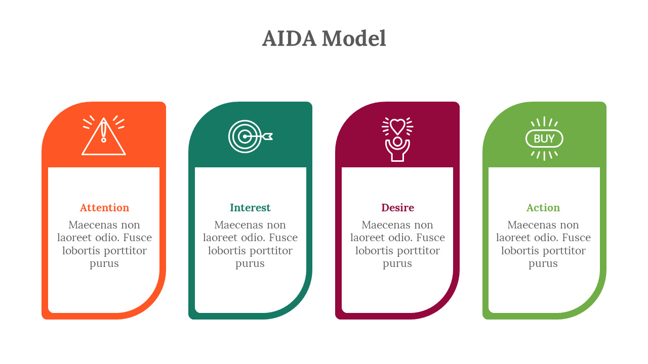 Four rectangular rounded boxes, colored in orange, teal, red, and green, each with an icon and description below.