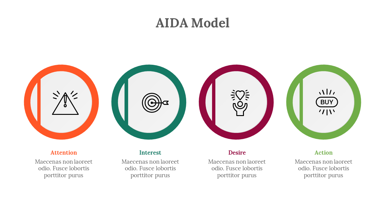 Four circles with solid outlines in orange, teal, red, and green, each containing an icon and text beneath.