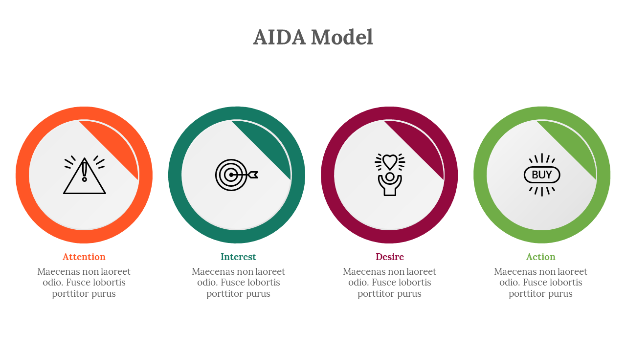 Four outlined circles in orange, teal, red, and green, with a diagonal section cut, each containing a related icon.