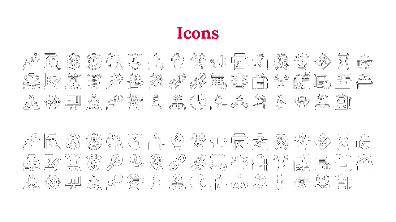 Collection of icons, with outlined and filled designs, illustrating business, teamwork, and security, with bold red title.