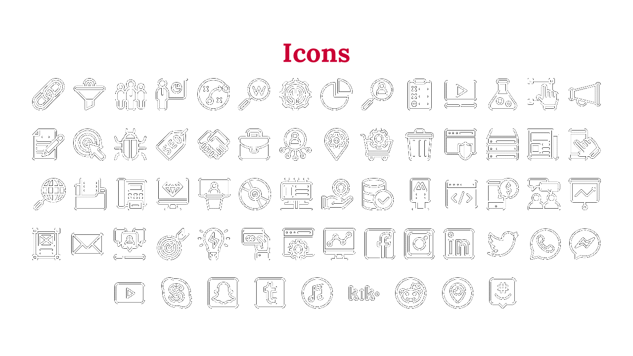 Collection of icons, including symbols for technology, communication, business, and social media, under bold red title.