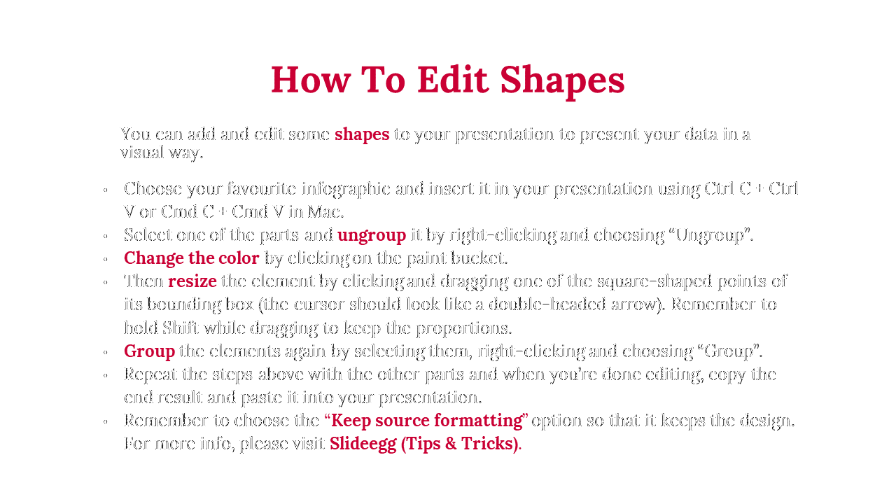 Slide with concise instructions on modifying shapes in presentations, using red headings and bullet point format.