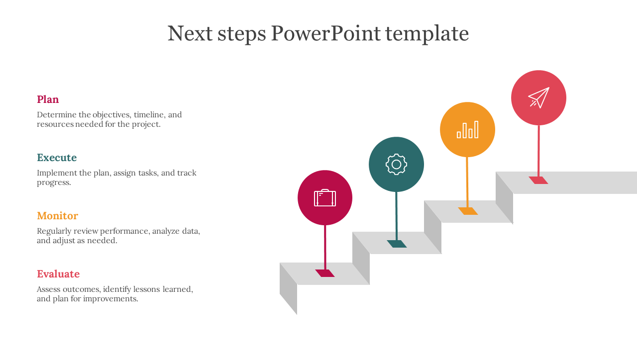 Gray steps layout featuring four circular icons in red, green, yellow, and orange, with vertical lines connecting them.