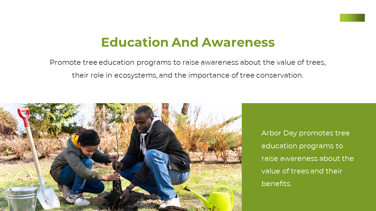 Slide features a man and child planting a tree with gardening tools and a shovel, and a green text box on right.