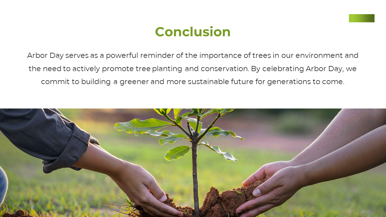 Two hands planting a small tree in the soil with a light green background and text at the top white space.
