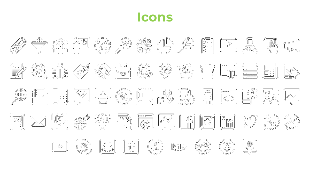 Simple black line icons arranged in a grid, featuring tools for communication, media, and web design, under green heading.