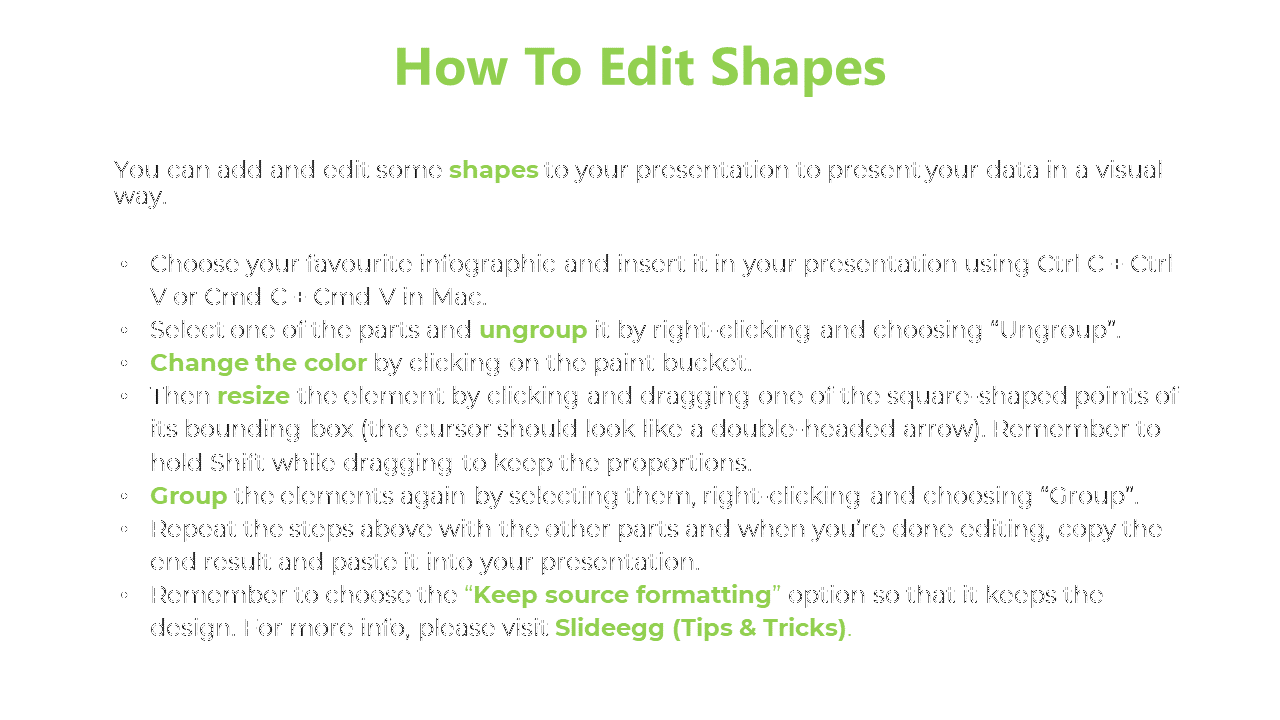 Instructional slide with green text and steps on how to edit shapes in a presentation, with a clear layout.