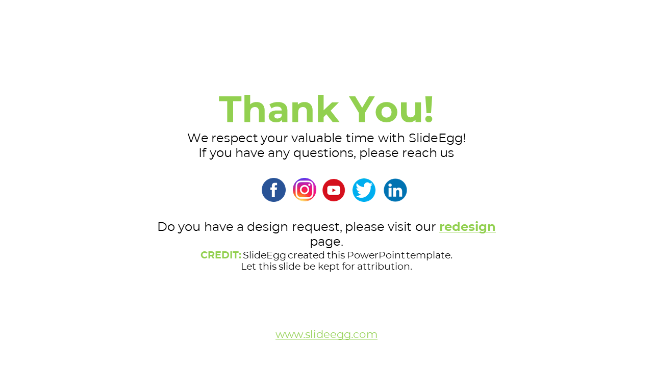 White background with green thank you text, social media icons, and credit section at the bottom.