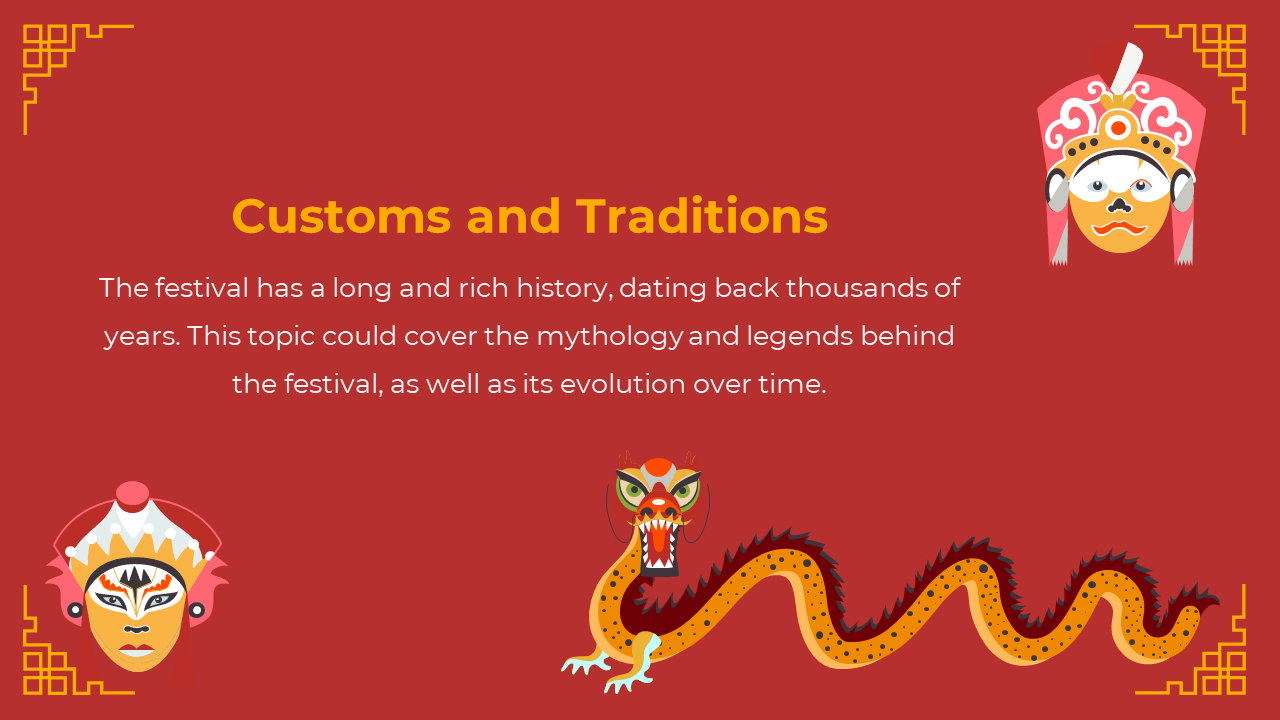 Red background with yellow corners, two opera masks at edges, curved orange dragon and centered text in the middle.