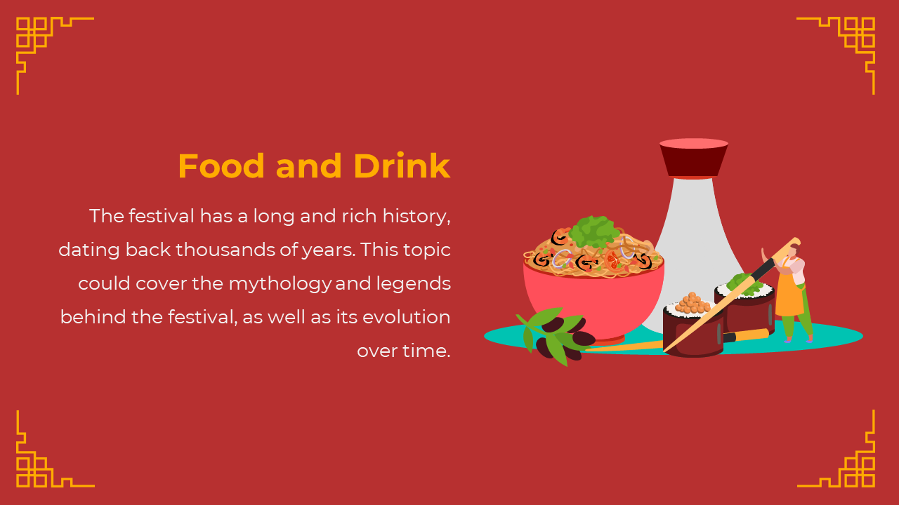 Red background with yellow corners, large noodle bowl, sushi, and bottle on flat teal plateform, and white text on left.