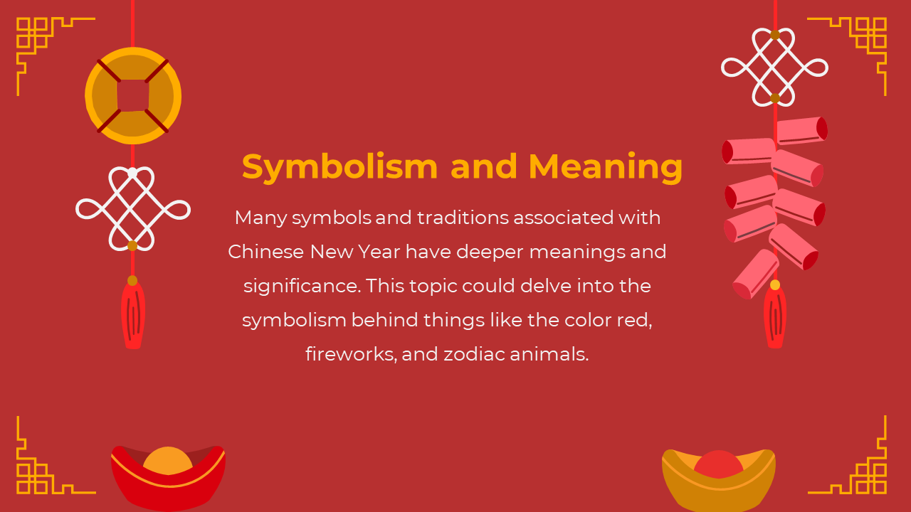 Red background with yellow corners, firecrackers on right, knot and coin on left, and gold ingots at the bottom corners.