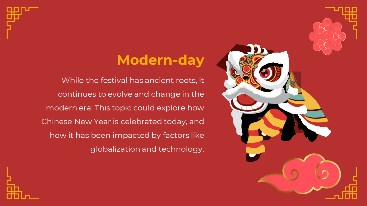 Bold lion dancer in red, gold, and white on the right, cloud and flower elements on red background with yellow corners.