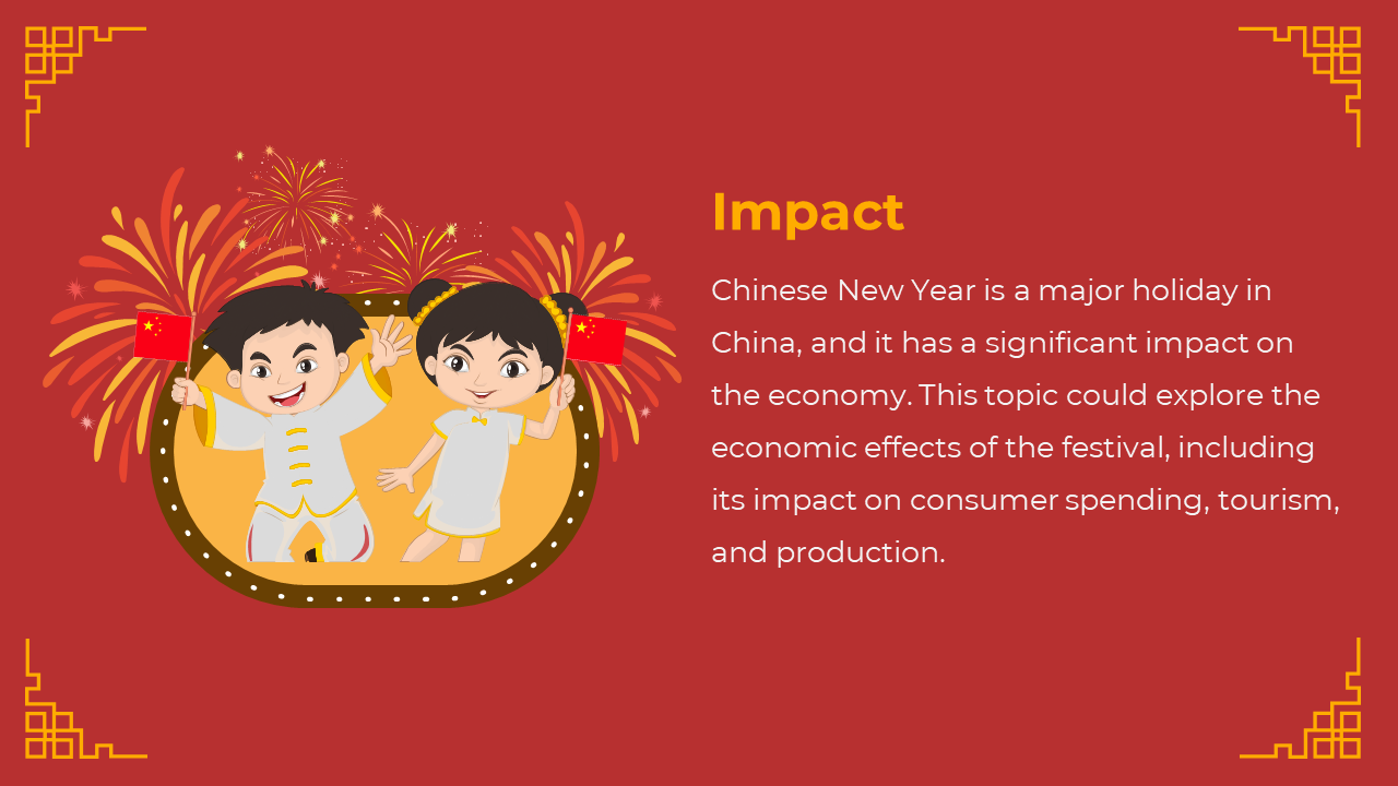 Red background with yellow corners, two children holding flags in a gold oval frame, fireworks behind, and text on right.