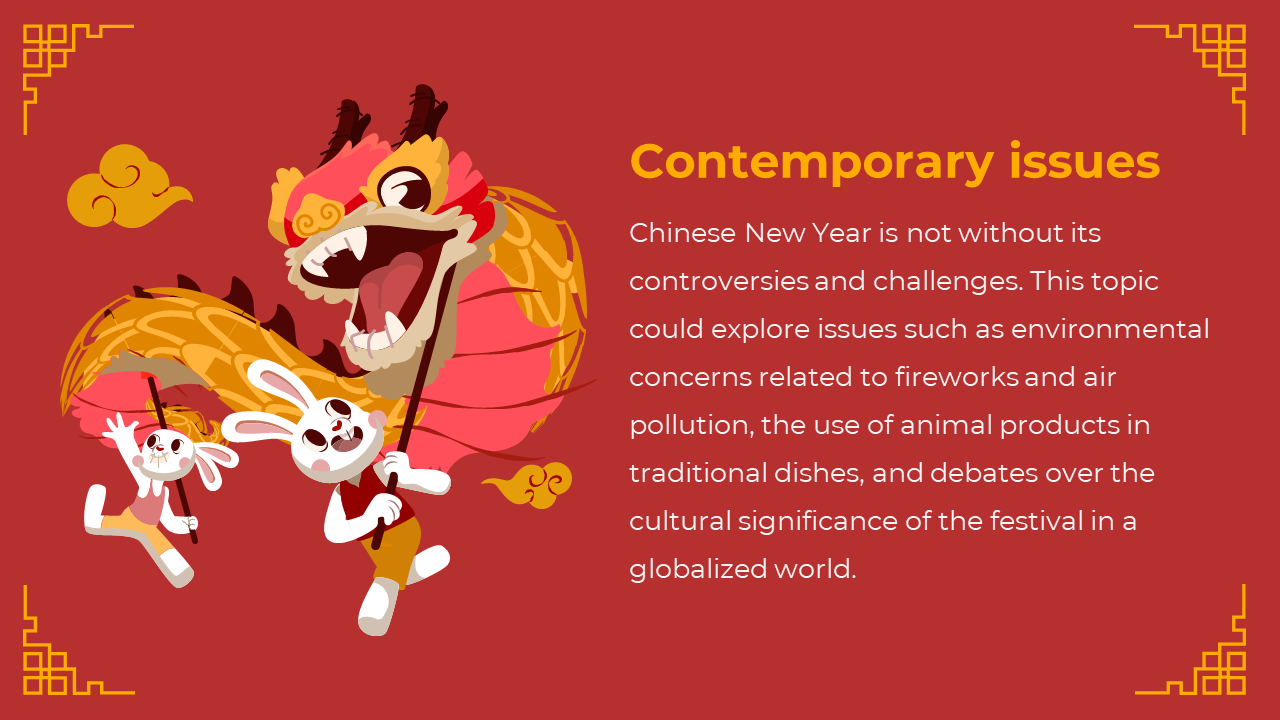 Red background with yellow corners, two white cartoon rabbits holding dragon costume on left, text aligned to the right.