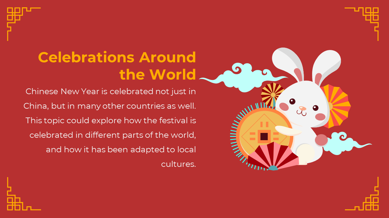 Red background with yellow corners, a white rabbit holding a coin and fan on right, with clouds and text on the left.