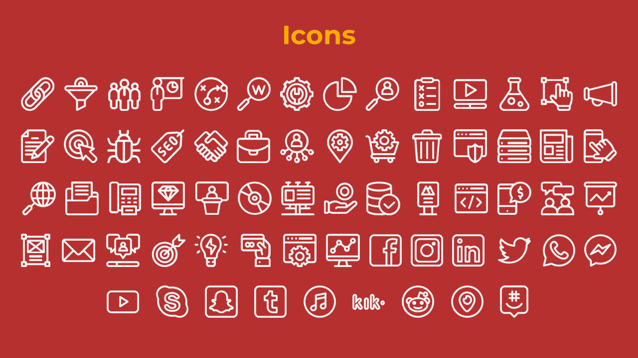 Red background with yellow title, five rows of outlined white icons, ending with a row of social media symbols.