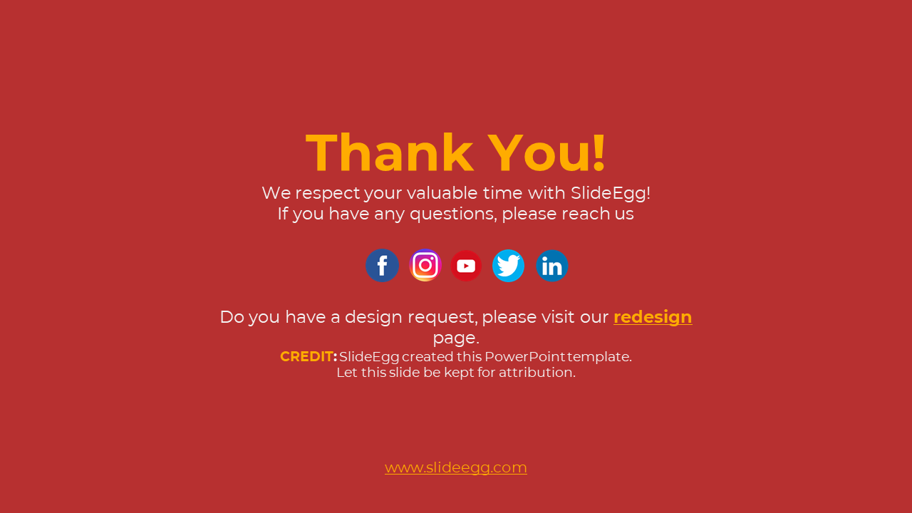 Red background with bold yellow thank you, white text below, and five centered social media icons.