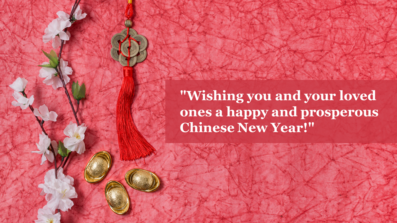 Pink textured background with white blossoms, red tassel, and gold ingots on left, white text in box on right.