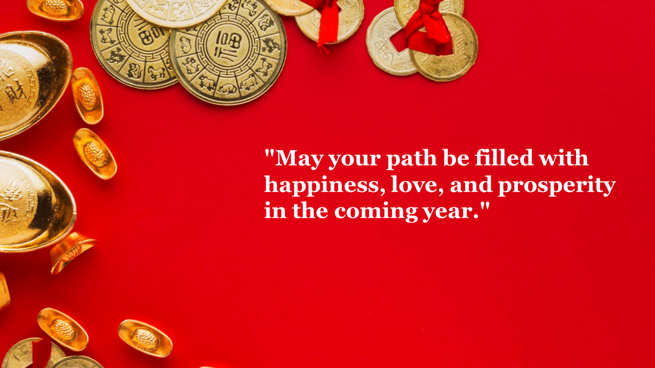 Circular gold coins and ingots scattered on red backdrop, white festive message aligned on the right.
