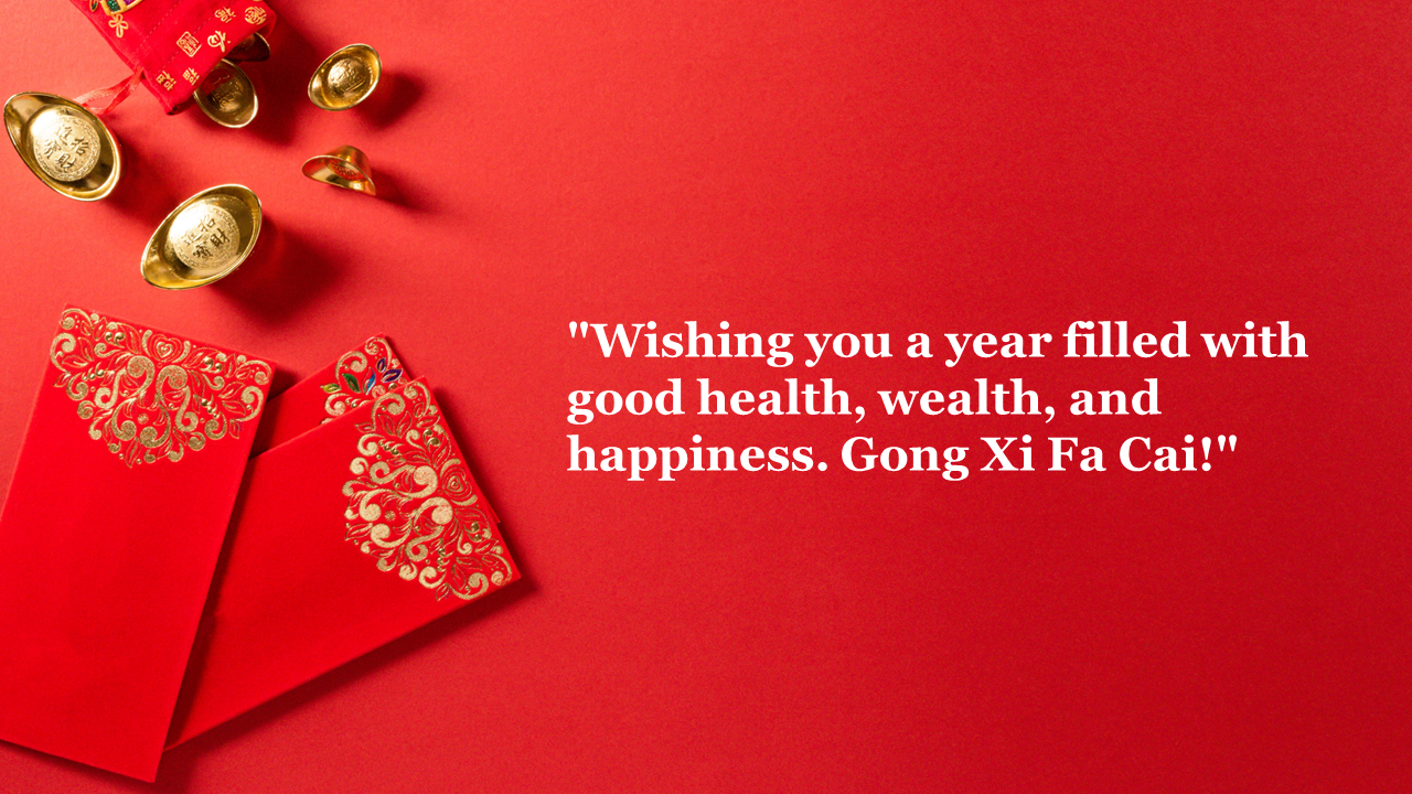 Red background with gold ingots at top left, ornate envelopes below, and white text on the right.