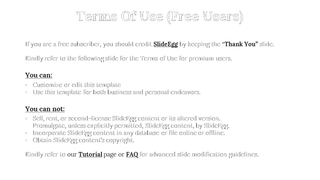 White slide with black text detailing usage rights for free users, featuring bolded and highlighted section headers