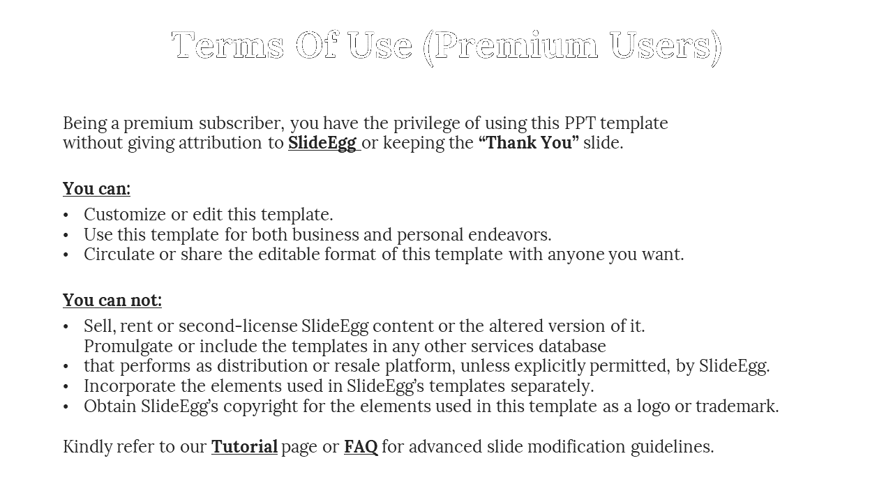 Slide with black text outlining terms of use for premium users, including permission and restriction points in bullet form.