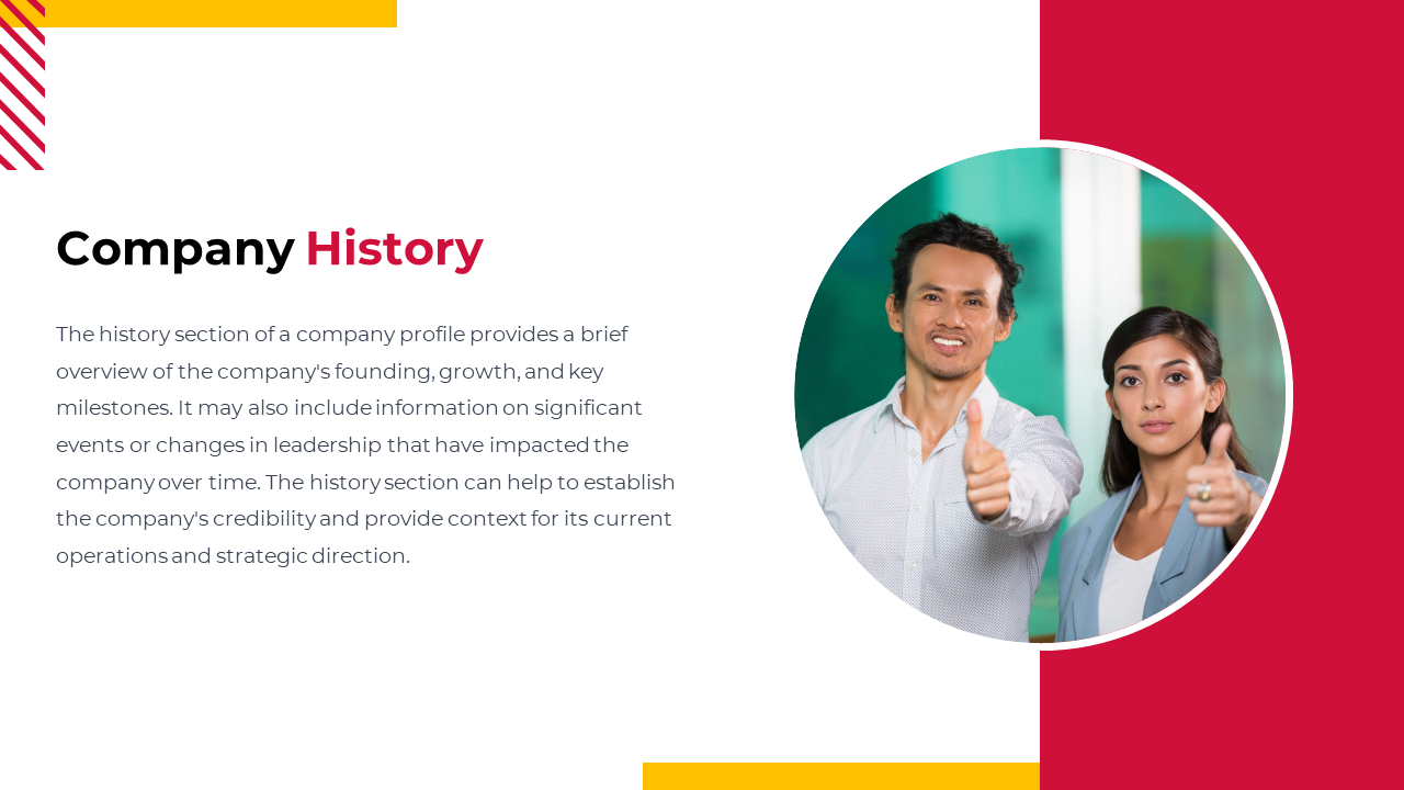 Circular photo of two people showing thumbs up on right, and text on white background with red and yellow accents.