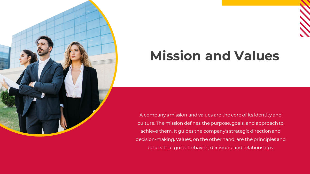 Slide with semi circular photo of three people in suits, white heading space and bottom red text box.