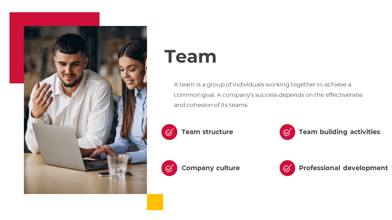 Photo of two coworkers at a laptop with red and yellow corner blocks, on white background with four icons and text on right.