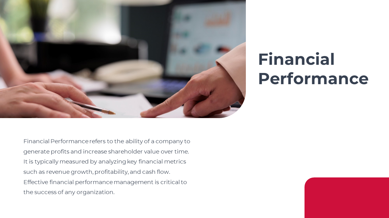 Photo of financial meeting with hands and papers on left, title and text on white background with rounded red shape.