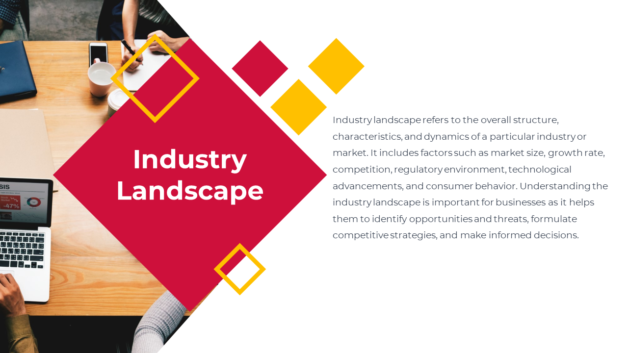 Bold red diamond with title over workspace image, yellow and red geometric shapes, and text on right.