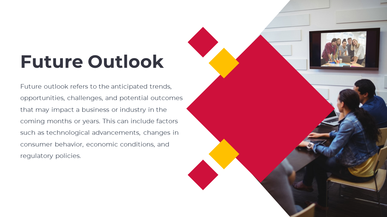 White background with black text on left, red diamond in center with yellow accents, and photo of team in meeting on right.