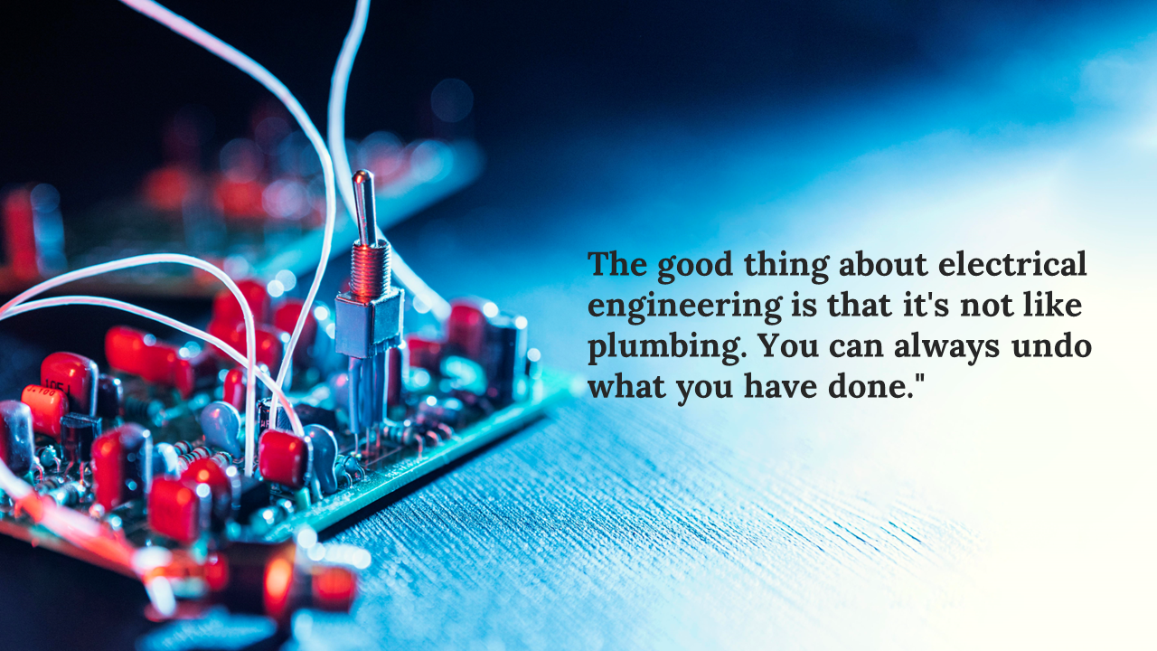 Close up of red and blue electronic components with white wires on circuit board, on a blue gradient background with quote.