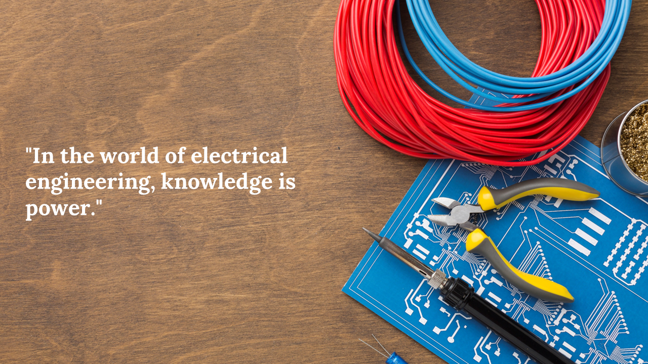Top view of red and blue wire coils, pliers, and soldering iron on wood with circuit diagram, and white quote on left.