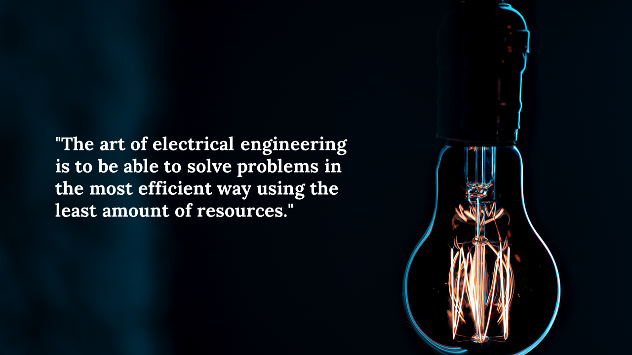 Glowing filament bulb on right with orange light, on dark black and blue gradient background with white quote on the left.