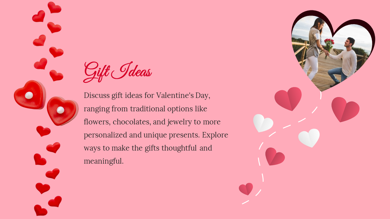 Pink background with text on left, red candy hearts vertically aligned, and heart framed proposal photo on right.